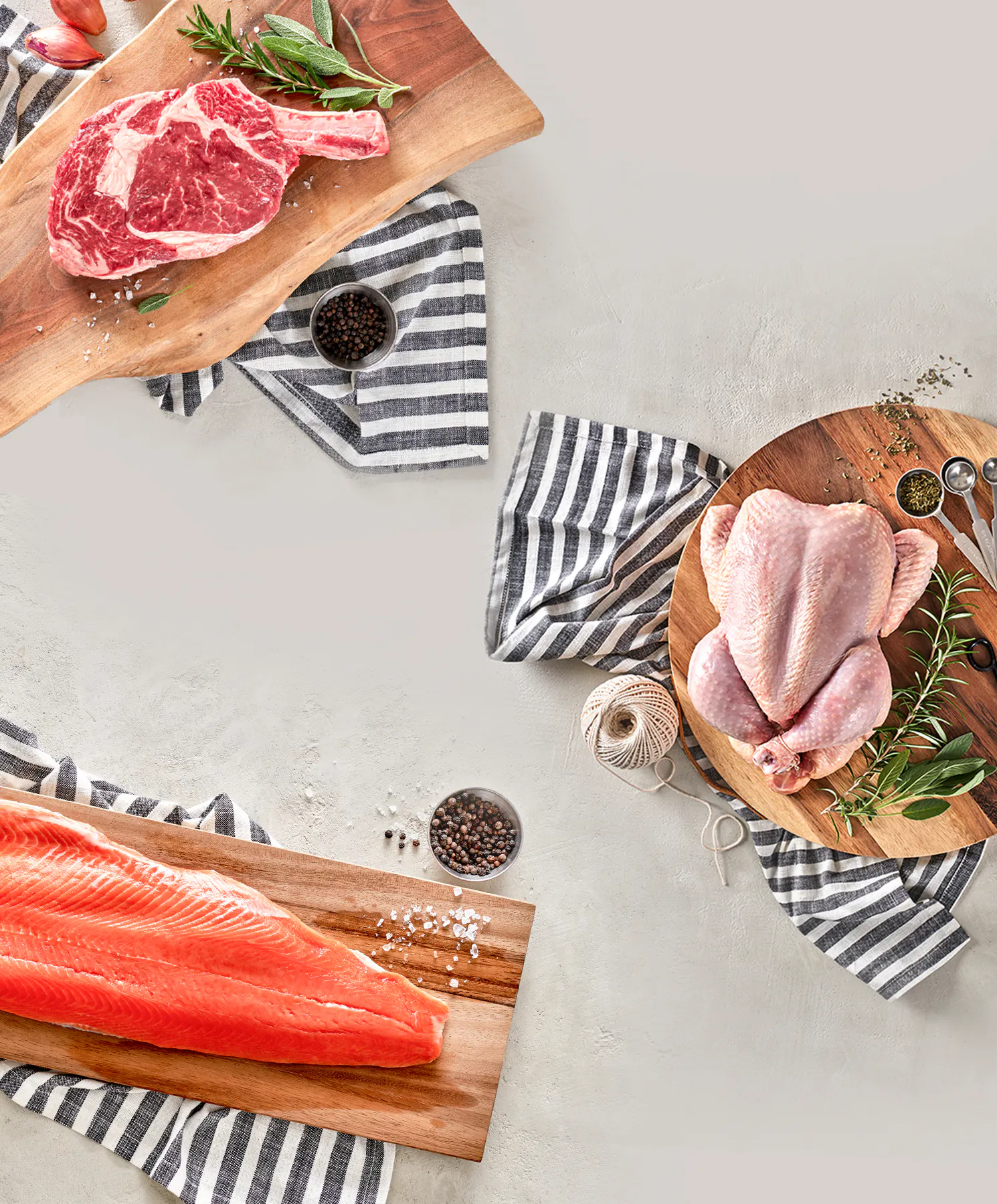 Selection of steak, chicken and salmon