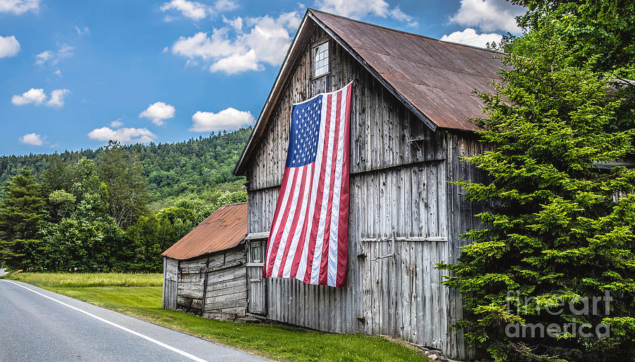 Farm building and American flag