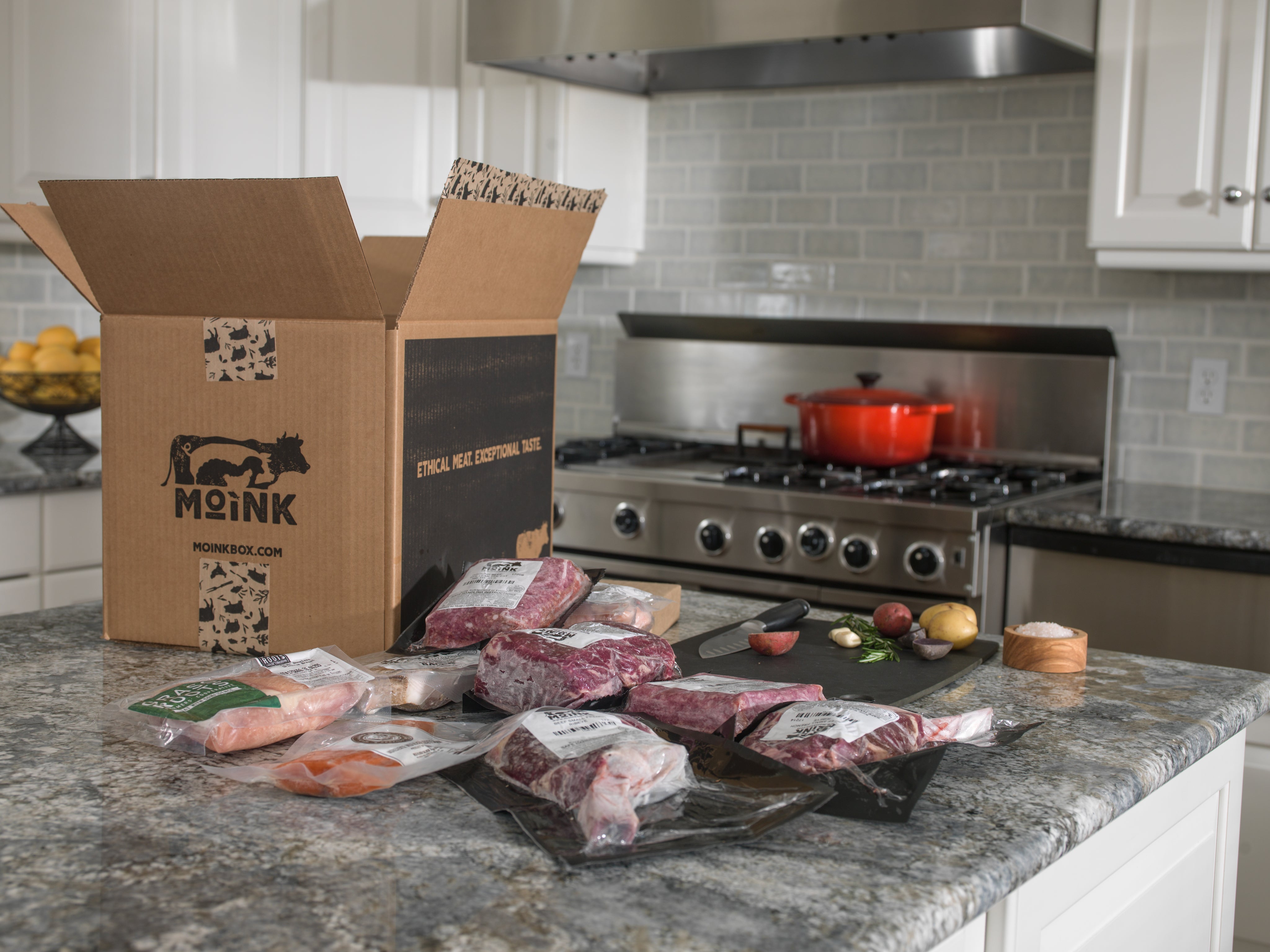 Box of meat on a kitchen table